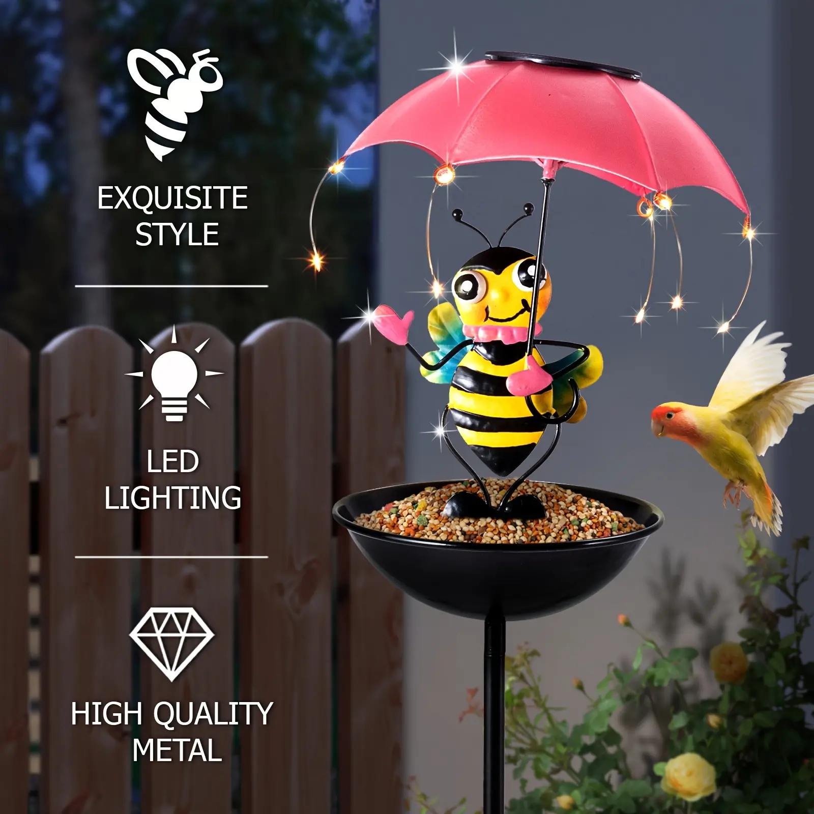 36.2 Inch Iron Bee Figurine for Home Decoration, Collectible Patio Ornaments, Solar LED String Lights, Includes Bird Feeder Feature, Perfect for Father'S Day, Thanksgiving, Christmas Gifts, Ideal for Lawn, Patio, And Garden