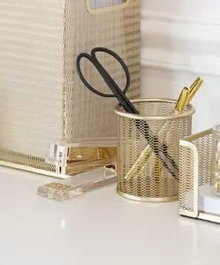 BLU MONACO Gold Pen Holder for Desk - Gold Pencil Cup - Gold Brush Holder with Metal Mesh Design - 3.875"x 3.625"Top x 3" Inside