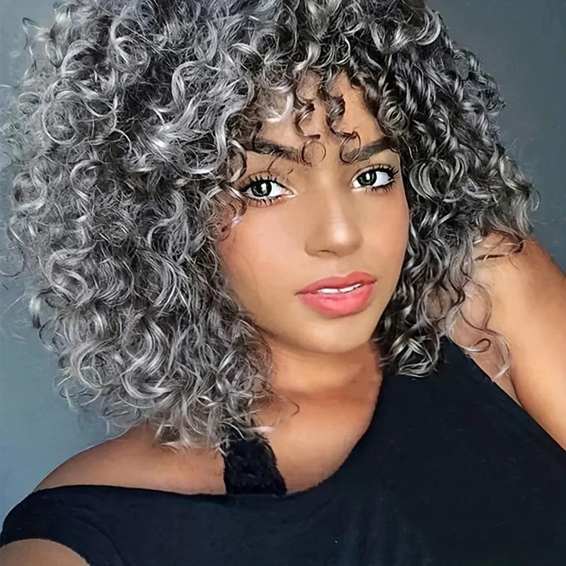 Gray Ombre Glueless Wig, 14 Inch Bouncy Curls Synthetic Hair with Bangs for Women, Fluffy Look for Daily Wear, Beginner-Friendly, Glueless Wigs, Ombre Effect, Female Wear, Bangs Synthetic Full Machine Wigs
