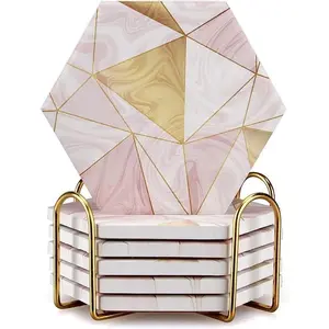 6 Pack Pink Marble Coasters with Holder  Absorbent Drink  Coaster Cute Ceramic Table Coaster Set Funny Kitchen Accessories Decorative Bar Coster Modern Coffee Table Decor Cup Coasters