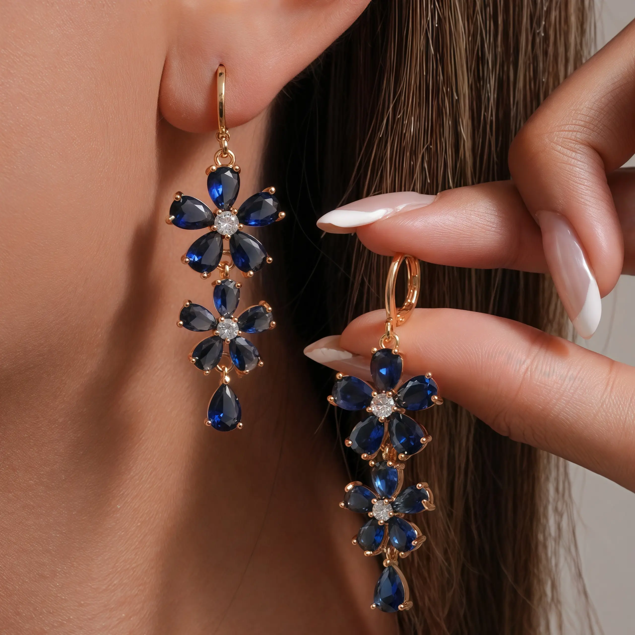 18K Gold Plated Navy Blue Sapphire Gemstone Sunflower Flower Long Dangle Earrings for Women Hypoallergenic Cubic Zirconia Chandelier Drop Earrings Elegant Statement Jewelry Gifts