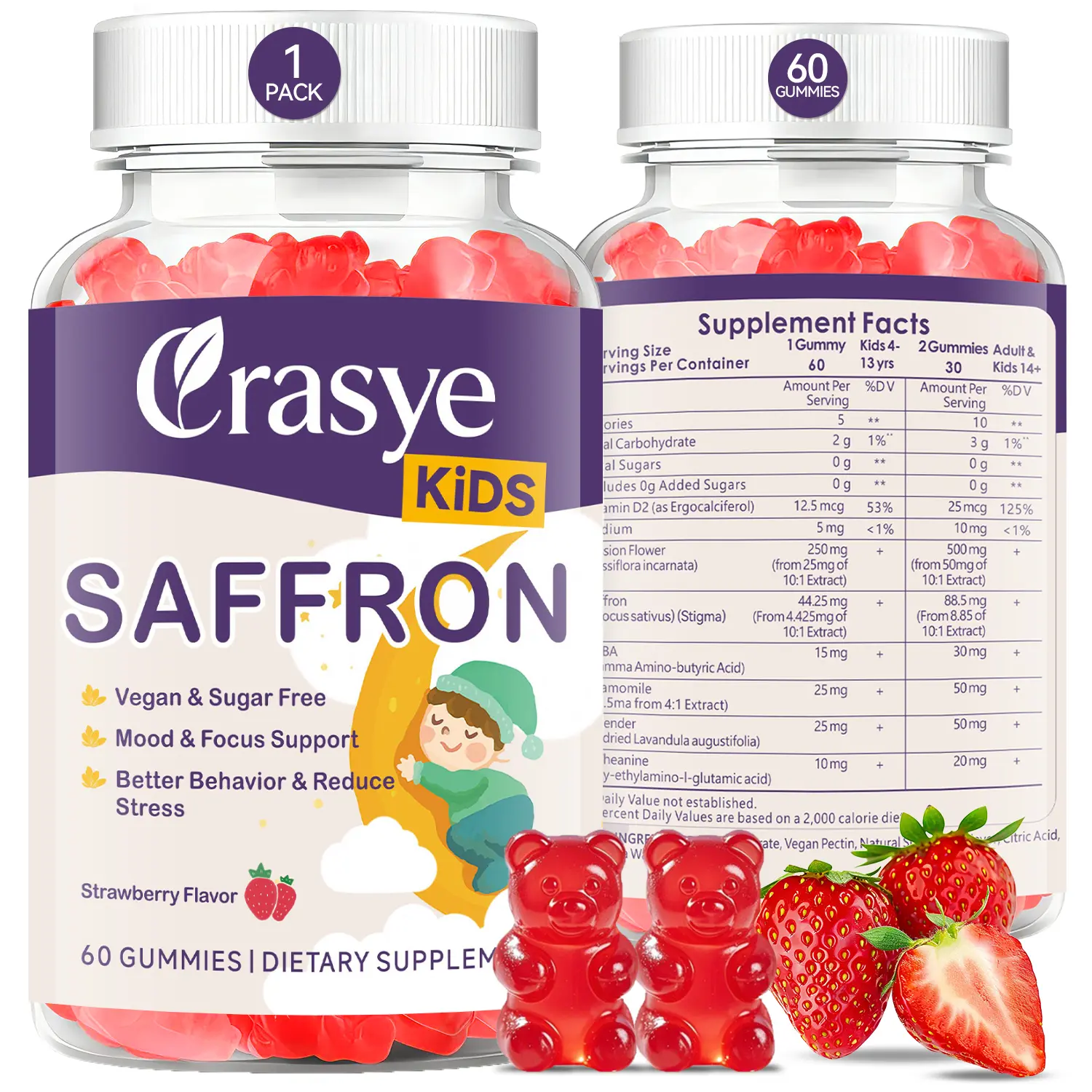 CRASYE Kids' Saffron Gummy Supplements - 100% Pure Organic Extract, Sugar Free Vegan Chewables, 250g 60 Gummies, 24 Months Shelf Life, Prop 65 Safe, for Youth Mood Focus & Brain Health Support