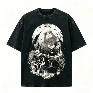 Mysterious Moonlight Wolf vintage tee. Detailed black & white illustration of a wolf, mechanical mask & full moon. Perfect for dark fantasy & goth aesthetic lovers. Soft oversized fit—grab this mystical vibe now! #darkfantasy #wolfart