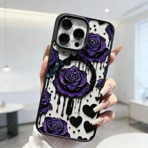 Purple Rose Pattern Premium Magnetic Phone Cases Shockproof Acrylic Cover Magsafe Protector Casing for iPhone 17 16 15 14 Pro Max 13 12 Plus beautiful