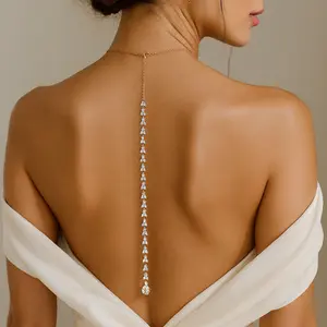 Bridal Back Drop Necklace, Crystal Back Chain for Wedding Dress, Rose Gold Plated Teardrop Pendant Back Necklace for Brides
