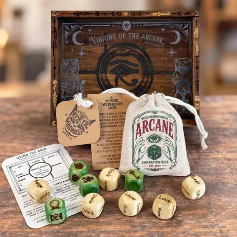 Artisan-Made Engraved Arcane Divination Dice Set - BPA-Free Linen Wooden Box Set, Intuition Amplifier for Tarot, Rituals (12 Years Above, Decoration Compatible)