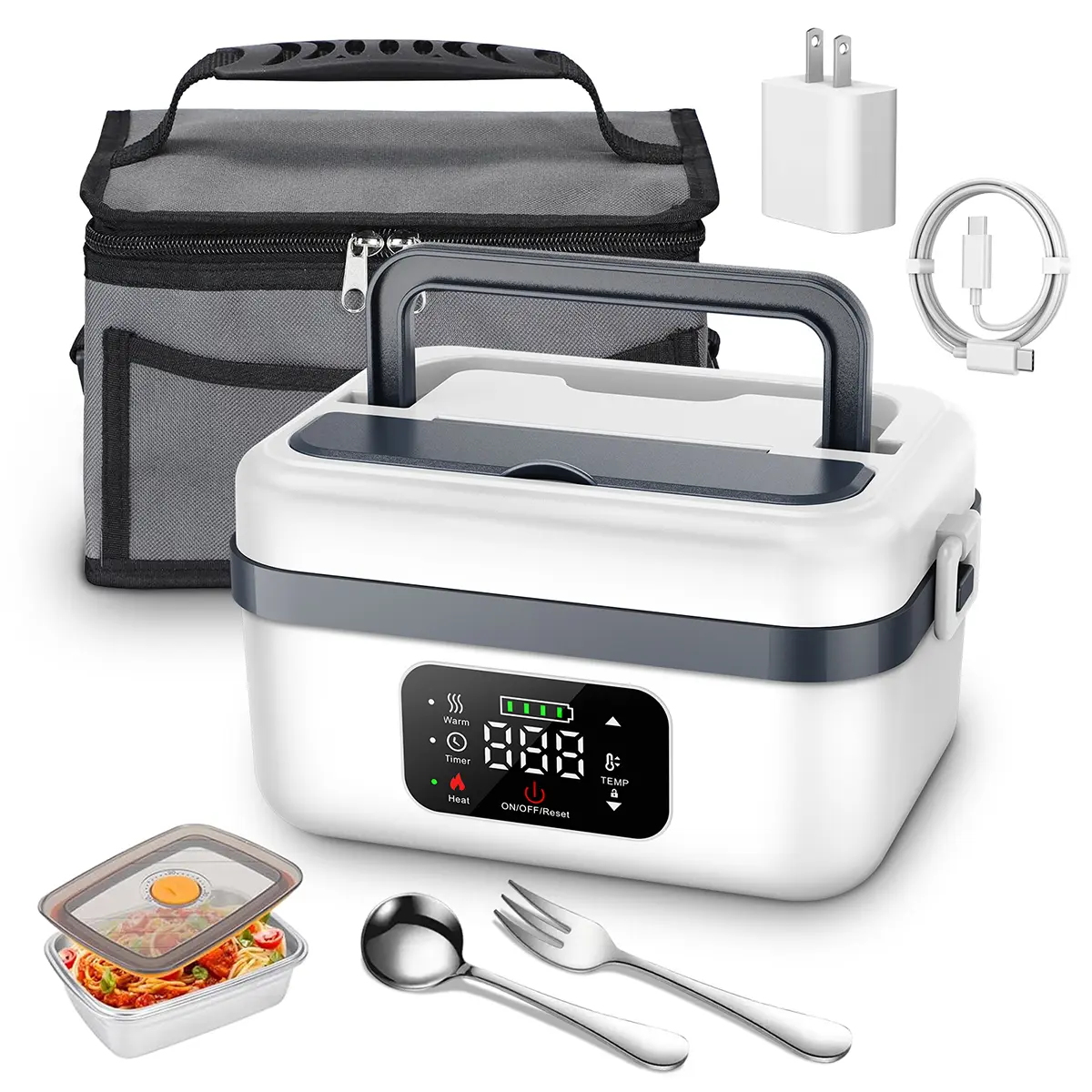 Portable Radio Heated Lunch Box 1000ml Rechargeable Self-Heating Wireless Leak-Proof with Insulated Bag for Car/Office/Home/School Durable Food Storage Heating Box Christmas Gifts