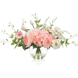 Artificial Flowers in Vase, Fake Silk Peony Hydrangea Pink & White Flower Bouquet Arrangement with Faux Centerpieces for Home Wedding Dining Table & Gift for