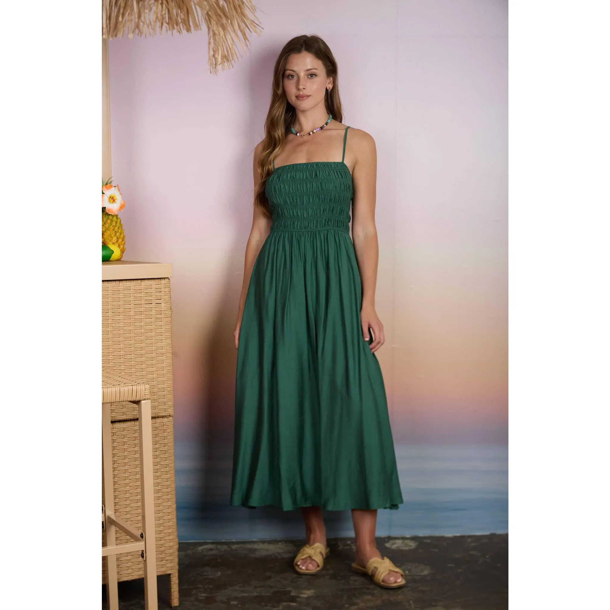 SHIRRED BODICE SPAGHETTI STRAP MIDI DRESS