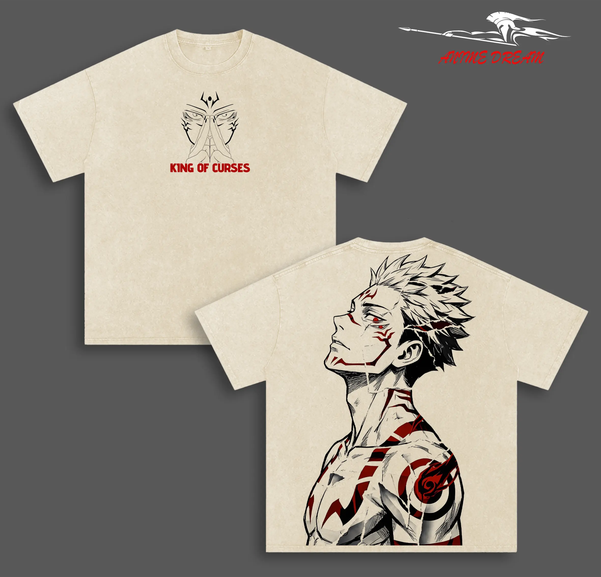King Of Curses Sukuna JJK Anime Double Printed Vintage Washed Tee Unisex Oversize Anime Manga Washed Heavyweight Cotton T-shirt