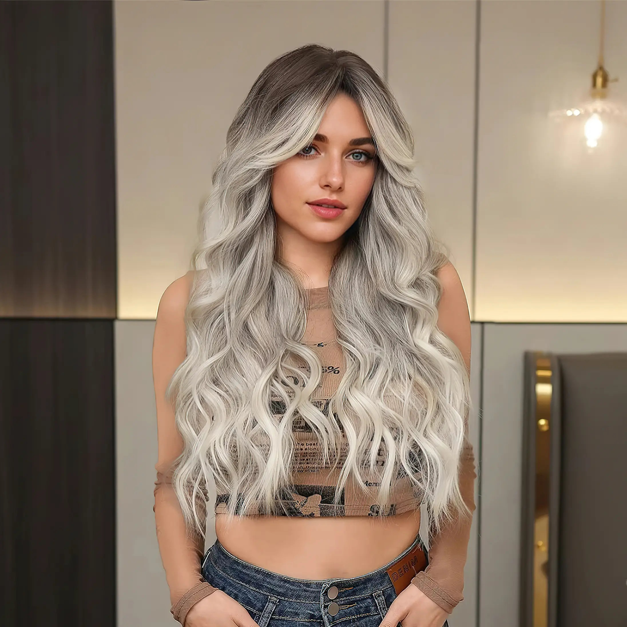 Ombre Gray Wigs for Women with Bangs Natural Long Curly Synthetic Wig Middle Part Heat Resistant Hair Wavy Wig for Girls Daily Party Cosplay Christmas Gifts Use 26 Inches