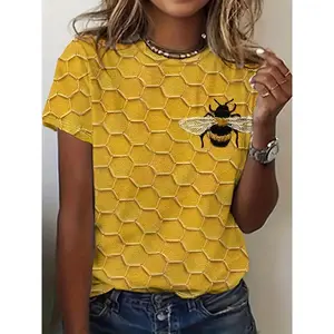 Women's Casual Short Sleeve T-Shirt - Relaxed Fit Round Neck Bee & Honeycomb Print Top, Vibrant Yellow Machine Washable All-Season Comfort, Versatile Top, Drop Shoulder Design, Lightweight Fabric, Printed Tee, Laidback Style
