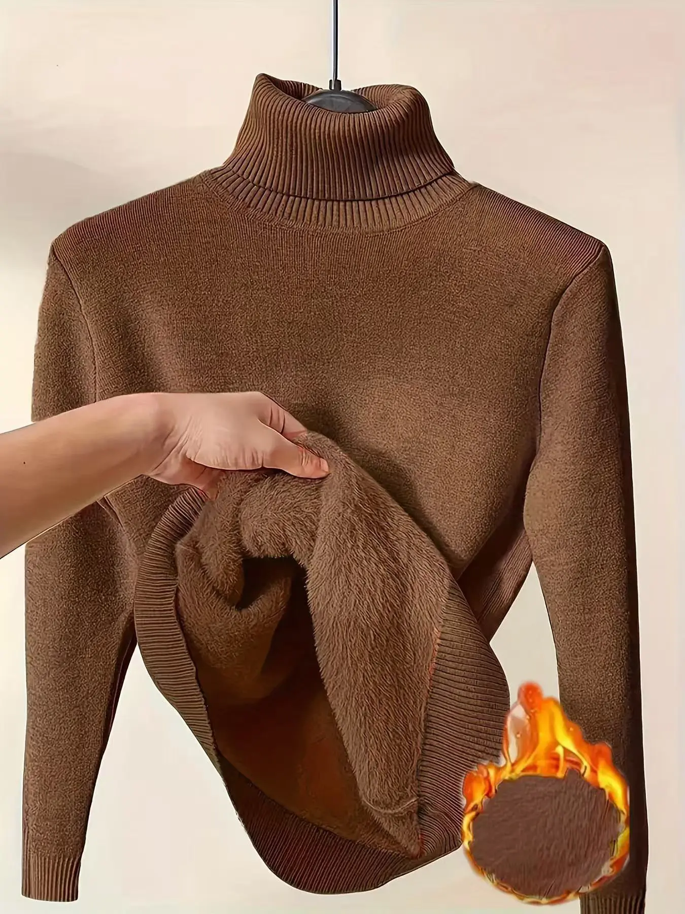 Women's Solid Thermal Lined Drop Shoulder High Neck Sweater, Casual Solid Long Sleeve Jumper For Daily Wear, Women Knit Top for Fall & Winter