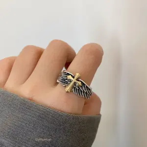 Retro Wings Cross Graffiti Letter Open Ring, Vintage Punk Domineering Men's Finger Ring, Trendy Gothic Fashion Jewelry Accessories for Daily Wear