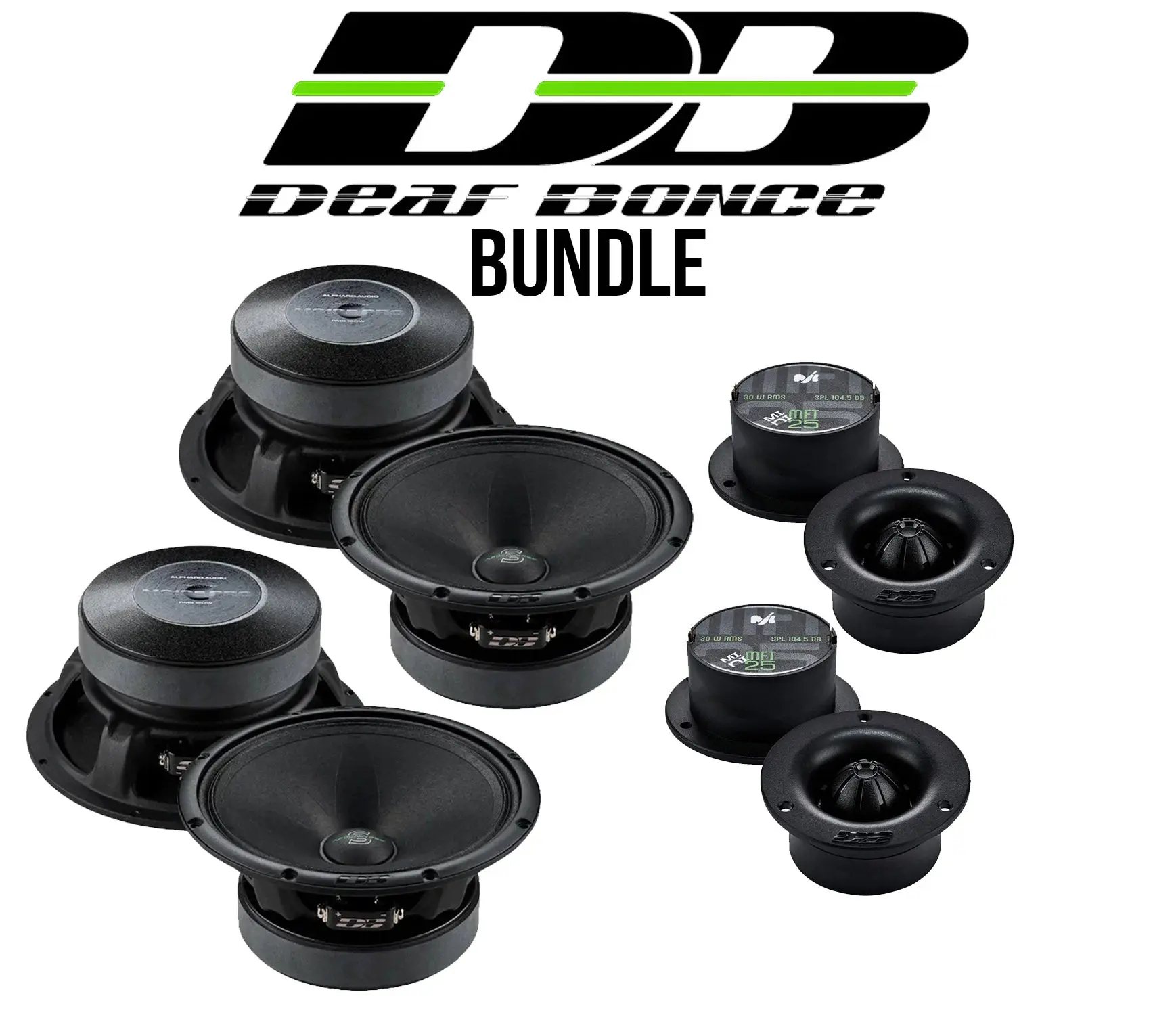 Deaf Bonce Car Audio System Bundle - Stereo Car Audio Package with Apocalypse AP-M61SE PRO 6.5” Midrange Speakers (2), 1” Compact Design Tweeters, & 2 Pairs MFT-25 Machete Mini Loudspeakers