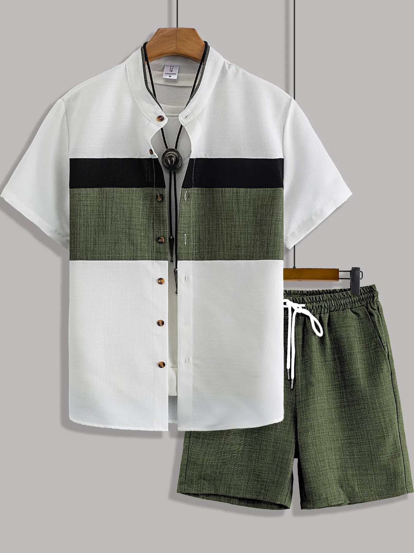 Men's Summer Classic Casual Two-Piece Matching Set, Button Up Short Sleeve Shirt and Drawstring Waist Shorts for Indoor and Outdoor Wear, Stylish and Fitted Outfit, Woven Fabric