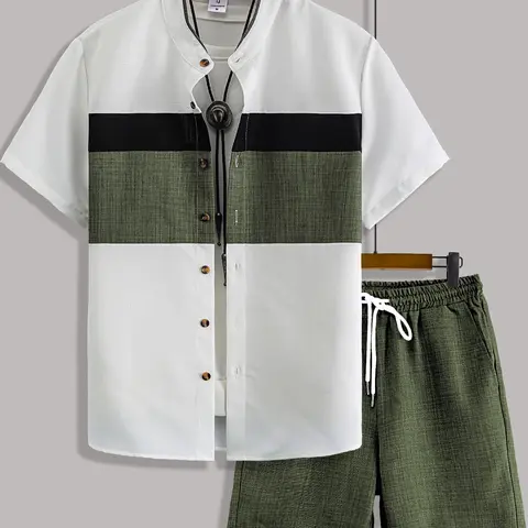 Men's Summer Classic Casual Two-Piece Matching Set, Button Up Short Sleeve Shirt and Drawstring Waist Shorts for Indoor and Outdoor Wear, Stylish and Fitted Outfit, Woven Fabric, Matching Style Set
