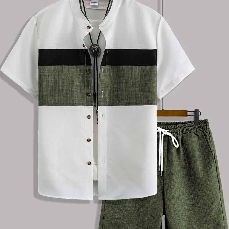 Men's Summer Classic Casual Two-Piece Matching Set, Button Up Short Sleeve Shirt and Drawstring Waist Shorts for Indoor and Outdoor Wear, Stylish and Fitted Outfit, Woven Fabric, Matching Style Set