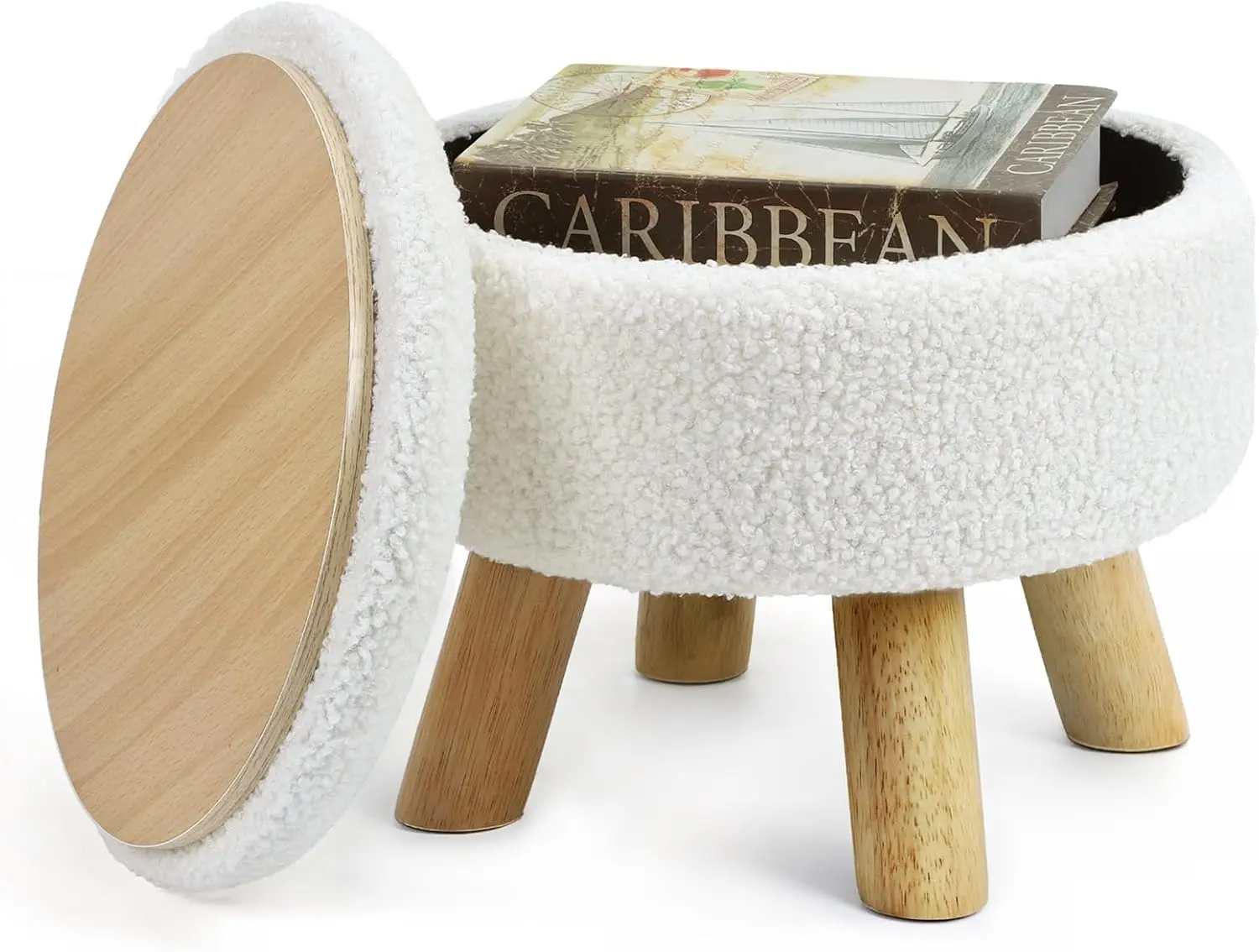 Ottoman Foot Stool, Small Ottoman with Storage,Round Storage Ottoman with Wood Legs, Soft Sponge Storage Footstool for Living Room, Bedroom, Couch, Enterway (Cream)
