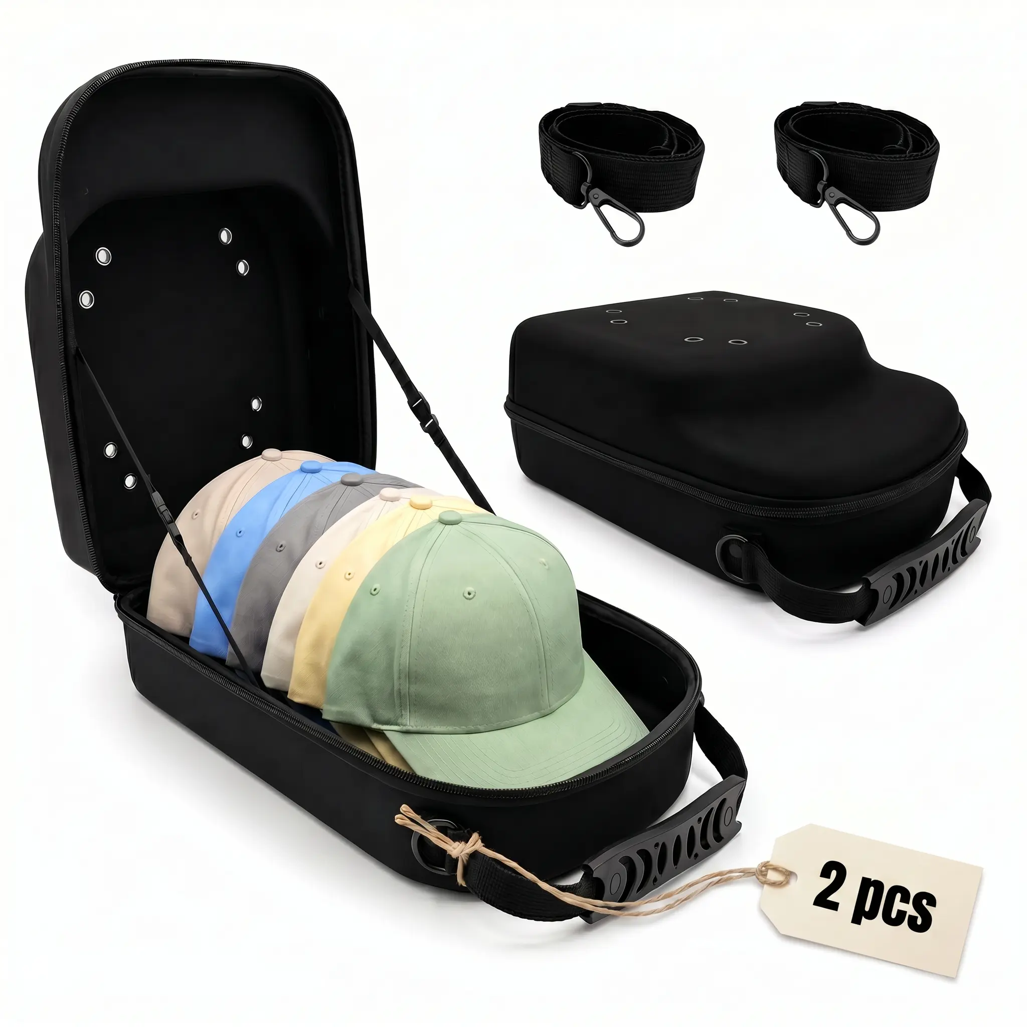 Hat Travel Case 2-Pack – Hard Baseball Cap Carrier Organizer for Travel & Home Storage, Protects Up to 6 Hats Each, Hat Holder with Carry Handle and Adjustable Shoulder Strap, Black