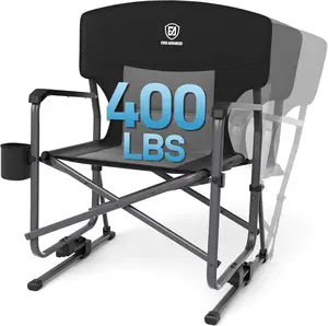 Heavy Duty Rocking Camping Chair, Black, Supports 400 LBS, Quick Set, Foldable, Portable, Outdoor, Patio, Sports Game, Balcony