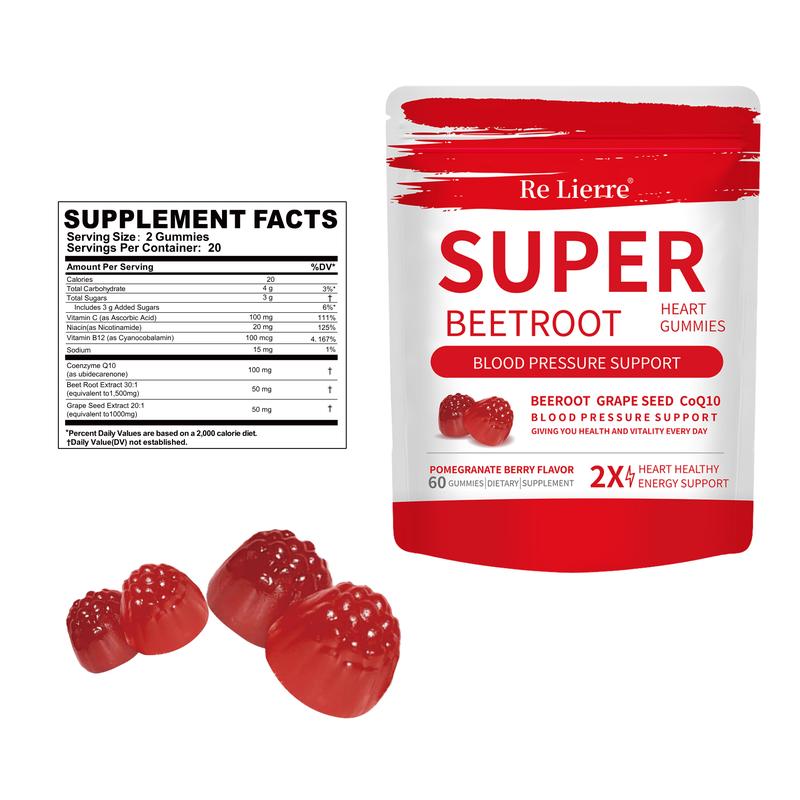 Re Lierrre Super Beetroot Gummies - 2 Pack Pomegranate Berry Flavor - 120 Count - Daily Vitality & Natural Energy - Vegan & Delicious - Blood Pressure Support - Heart Healthy Energy Support