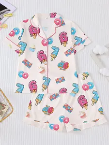 A 2-piece set of Six Seven 67 themed children's pajamas, featuring a new flame-retardant collared shirt with short sleeves and elastic waistband with ruffle edge design, a casual set of shorts, a cute ice cream full print Six Seven paired with dessert pri