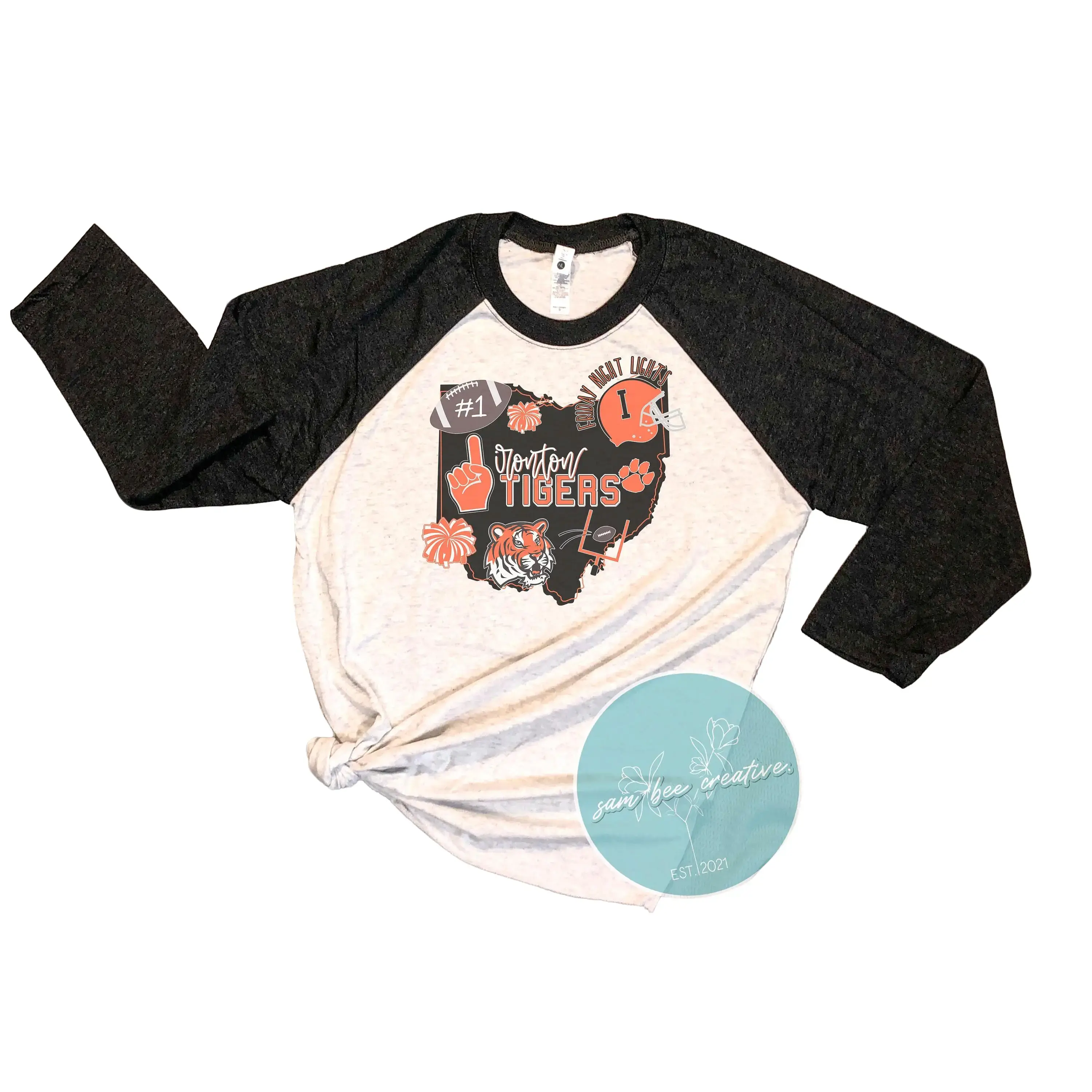 Ironton Fighting Tigers 3/4 Sleeve Raglan Baseball Tee / Black Sleeve Raglan / Retro Vintage Logo / State Pride Football Retro Shirt