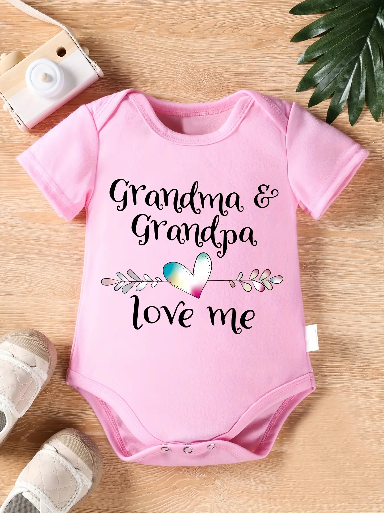 Baby Girls' "Grandma & Grandpa Love Me" Short Sleeve Bodysuit, Cute Rainbow Heart Newborn Romper
