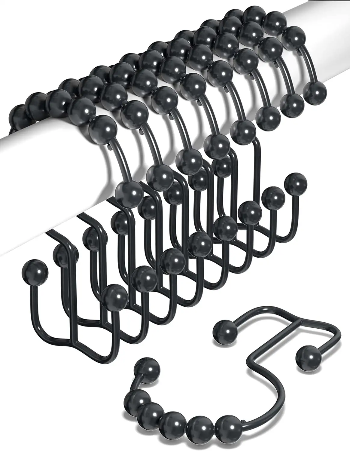 Shower Curtain Hooks Rust Proof (Set of 12) - Stainless Steel Shower Curtain Rings - Anti Slip Roller Balls for Easy Glide (Double Anchor Hooks, Matte Black)