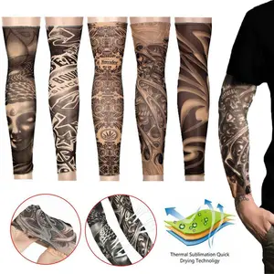 Men's Cooling Arm Sleeves 5Pcs Long Fingerless Arm Cover Anti Slip UV Sun Temporary Tattoo Sleeves