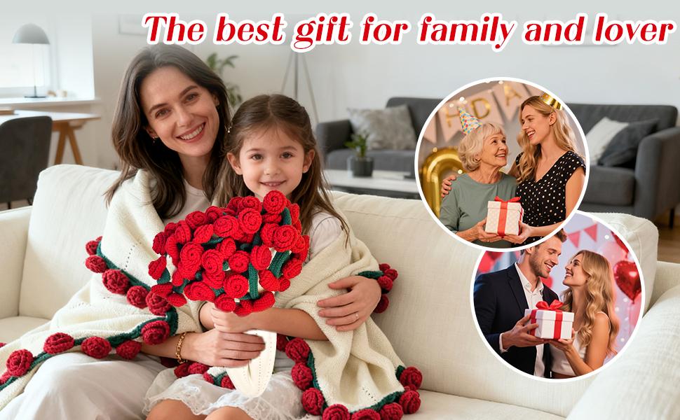 Finished Flower Bouquet Blanket, Handmade Crochet Flower Blanket, Soft Knitted Throw Rose Blankets, Romantic Gift for Birthday Wedding Valentine’s Day Mother's Day Christmas