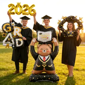 1 set of 2026 Graduation Academy Wind Bear GRAD photo frames with aluminum foil balloons, ideal for decorating various places at graduation parties