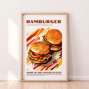 Retro Burger Poster – American Food Wall Art, Mid-Century Kitchen Decor, Minimalist Printable for Home or Housewarming Gift, Unframe