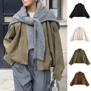 UANEO Women's Faux Suede Bomber Jacket Oversized Streetwear Y2K Lapel Long Sleeves Motorcycle Coat