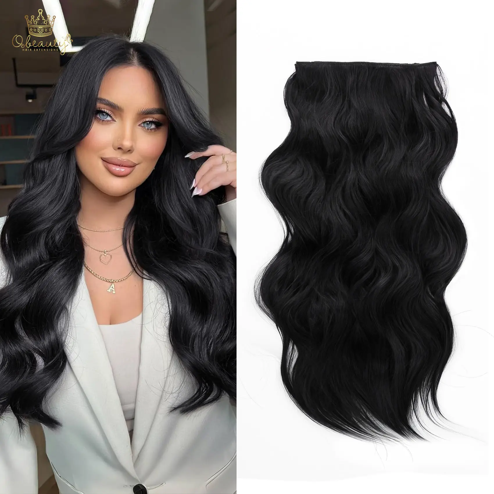 Qbeauty Women's 4PCS Black Clip-in Synthetic Hair Extensions, Long Wavy Thick Double Weft Natural Hairpieces, Fashion Accessory, Black Clip In Hair Extensions