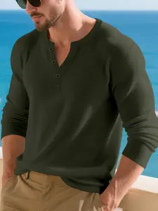 Men's Long Sleeve Ribbed Knit Shirt, Casual Loose Fit Solid Color Henley Top for Spring & Fall Seasons, Comfortable Daily Wear, Knitwear