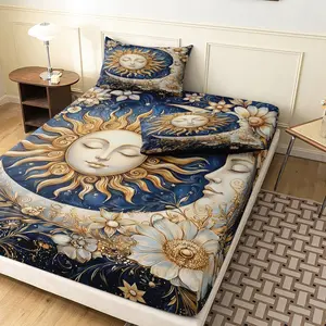 3pcs Set Sun Moon Face Floral Fitted Sheet, Vintage Celestial Digital Printed Bedding for Home Bedroom Dormitory and Hotel Use (1 Fitted Sheet + 2 Pillowcases No Comforter No Pillow)