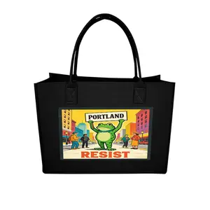 Yartab Portland Frog Felt Tote Bag, Single-Side Printed Reusable Shopping Bag, 92% Polyester 8% Polypropylene Lightweight Portable Handbag Easter Gifts for Men Woman