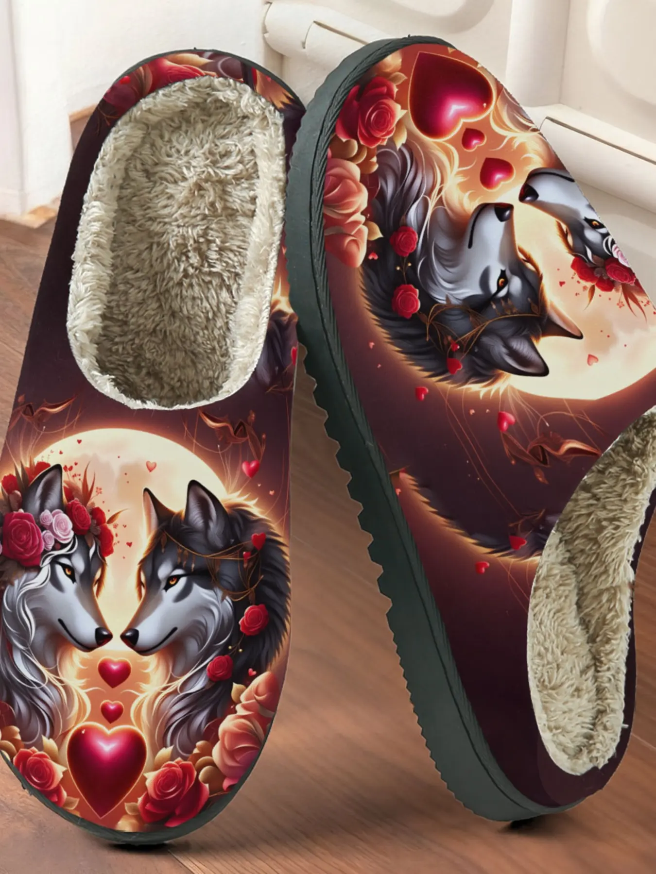 Romantic Wolf Couple Print Cotton Slippers, Fuzzy Lined Anti-Slip Thick Sole, Home Warm Shoes for Men and Women, Fall Winter