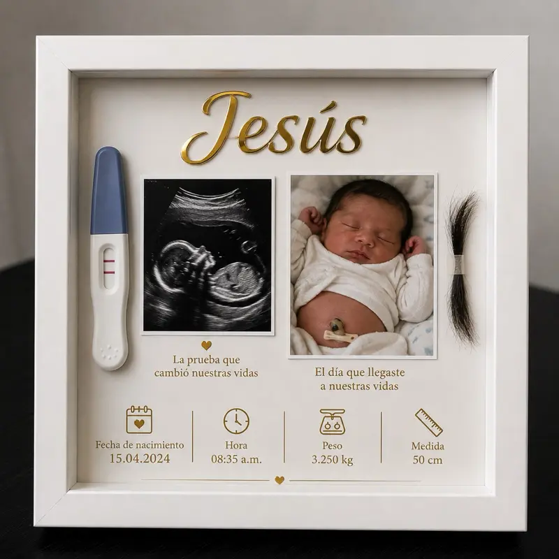 White Jesus Frame for Baby Memories - Includes Ultrasound, Newborn Photo, Hair, and Birth Details - 15.04.2024 - 3.250 kg - 50 cm