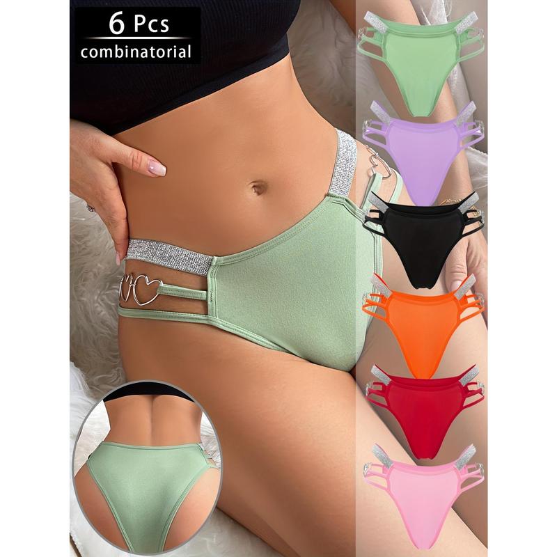 6 Pack Women's Sexy Heart-Shaped Chain Bikini Panties - Mixed Colors, Fashionable Soft Breathable Nylon Blend, Mature Elegant Low-Waist Design, Suitable for Parties and Romantic Dates Swim Knicker