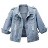 Hixiaohe Women’s Cotton Fabric 3/4 Sleeve Washed Jean Jacket - Distressed, Button Down, Cropped Fit - Casual Office Outerwear - Hang Dry - Back to School Essentials, Clothes for Women Jackets