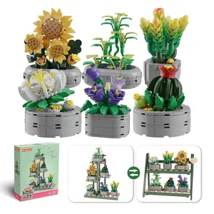 6-in-1 Potted Plant, 873pcs/set Succulent Plants with Display Stand, Fun and Creative DIY Bricks, Flower Building Blocks, Desktop Decorative Ornaments and Toys