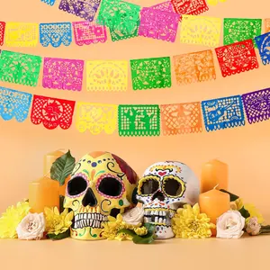 4 Packs 60 ft Mexican Party Decorations Fiesta Banner Plastic Papel Picado Banner Garland Cinco De Mayo Decor Dia De Los Muertos Hanging Decor Halloween Fiesta Mexican Birthday Party Supplies