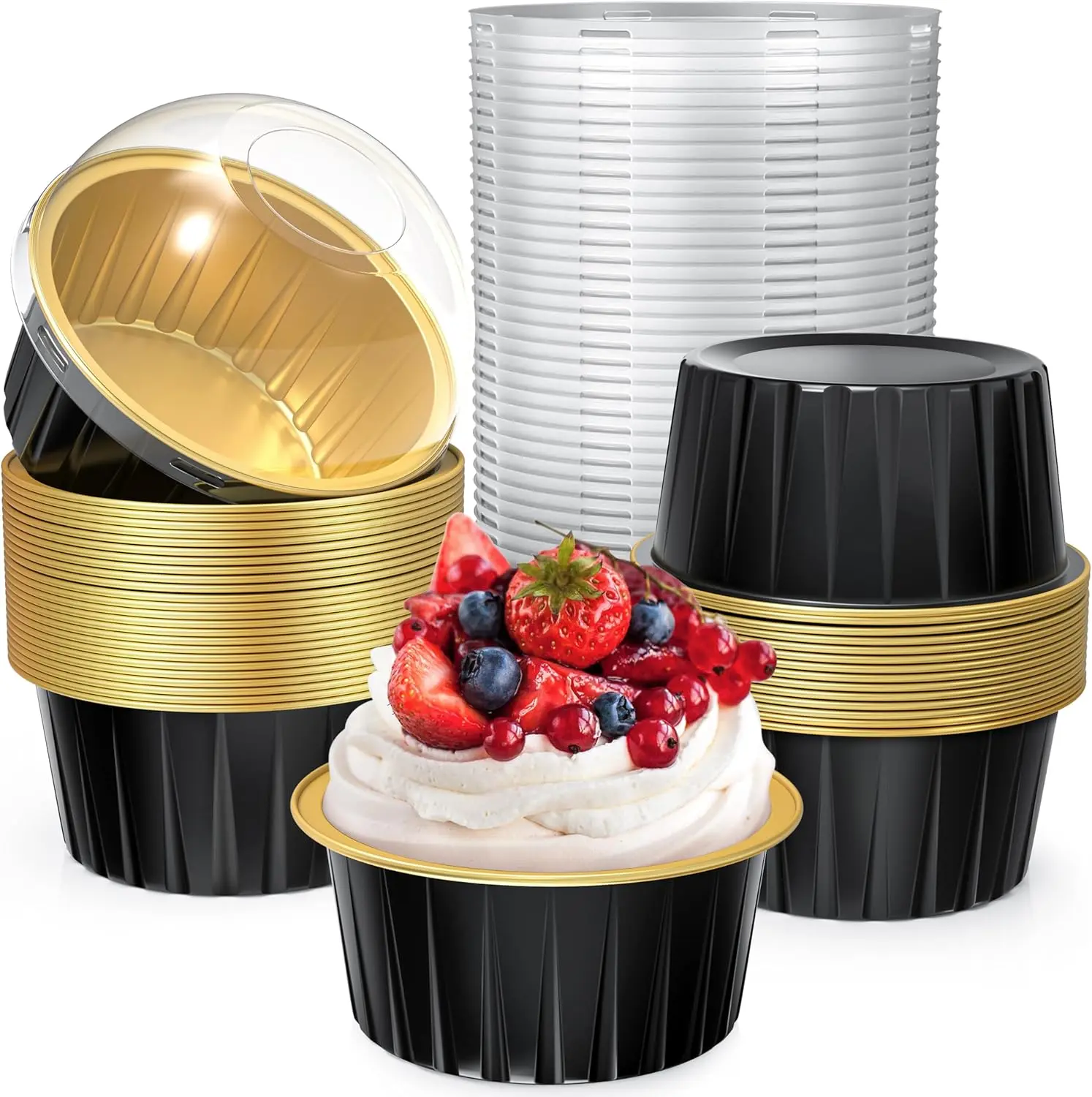 40 Pack 5 OZ Mini Cake Pans with Lids, Disposable Aluminum Foil Ramekins Muffin Tin, Round Brownie Pudding Cupcake Baking Cups, Mini Cake Containers Flan Molds for Wedding Birthday Party