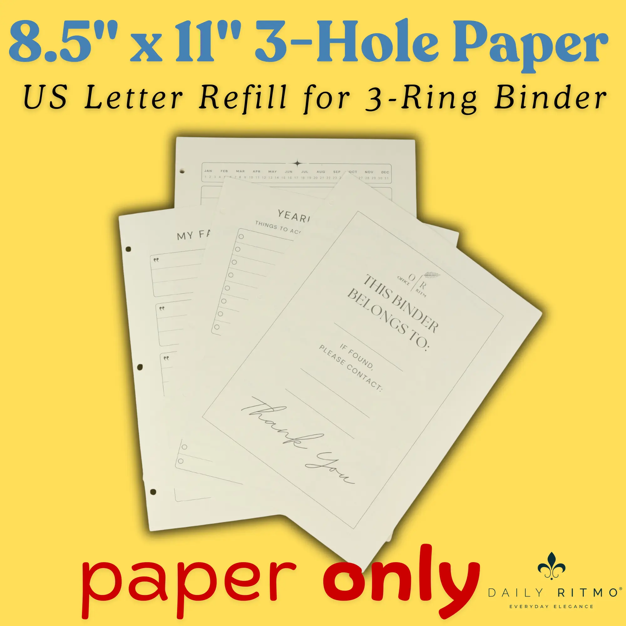 DAILY RITMO 3-Hole Loose Leaf Paper Refill for 3-Ring Checkered Binder | Extra Wide Ruled Daily to Do List Note Taking Writing Pages