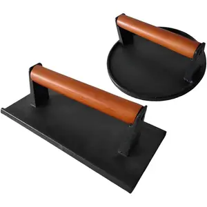 7.08" Round & 8.3"X4.3"Rectangle Heavy-Duty Cast Iron Smash Meat Steak With Wood Handle for Blackstone Camp chef Pitboss Weber Treager Griddle Grills (Round & Rectangle)