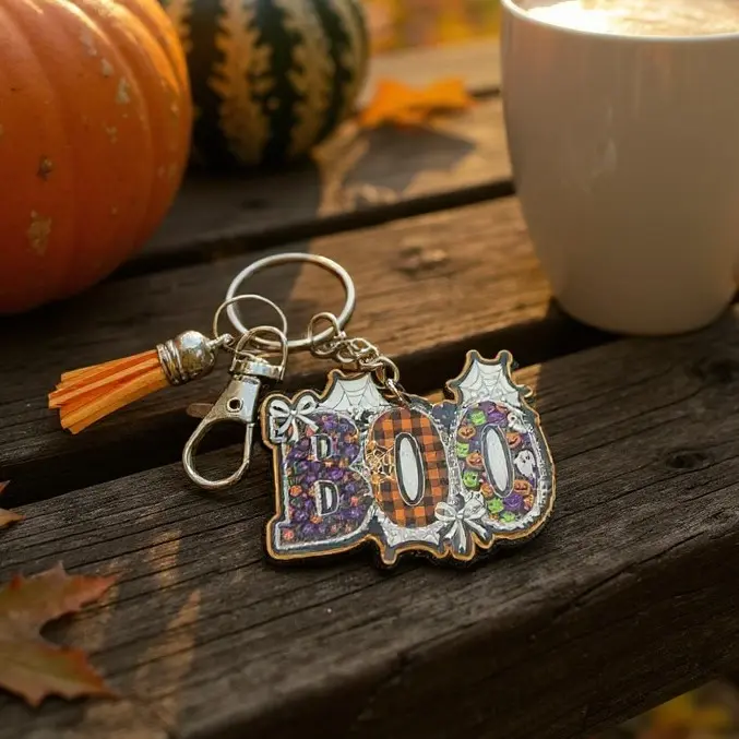 Halloween Acrylic Keychain / Bag Charm – BOO Design with Spiderwebs, Pumpkins & Tassel – Cute Spooky Fall Accessory
