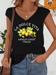 Bohemian-style Amalfi lemon print V-neck T-shirt for women, new summer sleeveless loose top, Womenswear, LA DOLCE VITA letter print exudes Chic sophistication! Perfect for vacations, the beach, and everyday wear, it looks amazing in photos.
